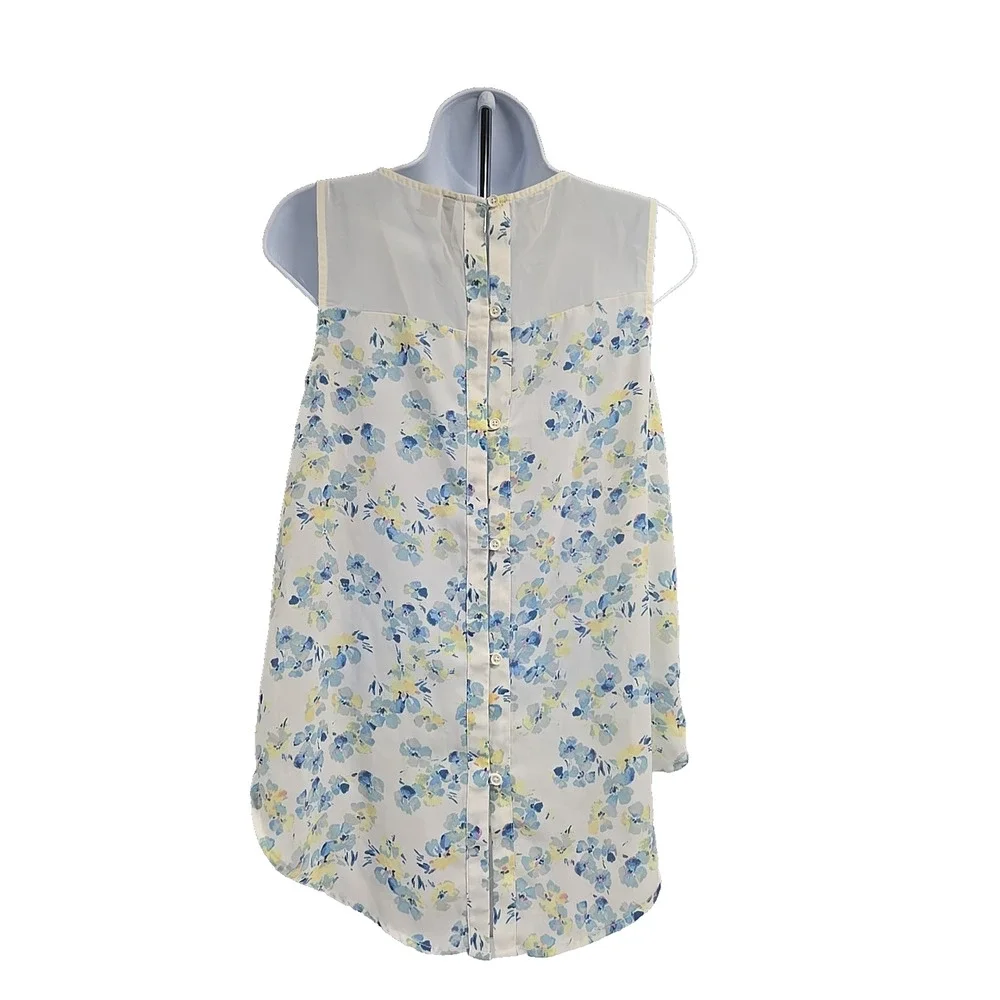 Lauren Conrad Womens Sleeveless Floral Blouse White Blue Yellow Boho Size S